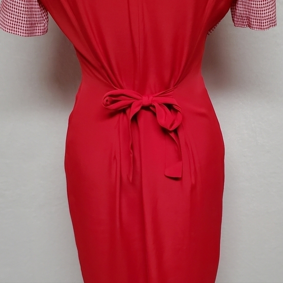 𝅺BRIOCHE 80s Vintage Red Gingham Plaid Cropped Jacket Tie Pleated Wiggle Dress - Picture 13 of 16